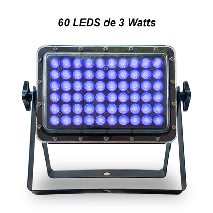 Reflector LED Exterior Steelpro WP-603PAR IP65: 60 LEDs x 3W RGB Full Color, 180W de Potencia, Control DMX de 7 Canales, Modos Automático y Audio rítmico, Carcasa de Uso Rudo para Intemperie, 4kg
