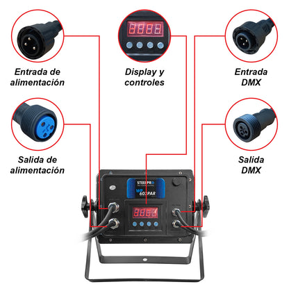 Reflector LED Exterior Steelpro WP-603PAR IP65: 60 LEDs x 3W RGB Full Color, 180W de Potencia, Control DMX de 7 Canales, Modos Automático y Audio rítmico, Carcasa de Uso Rudo para Intemperie, 4kg