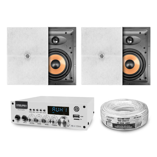 AB4125-WS65MK4 Kit Amplificador 4x125W Bluetooth + 4 Bocinas Plafón 6.5" Audio Ambiental con Tweeter Titanio Steelpro