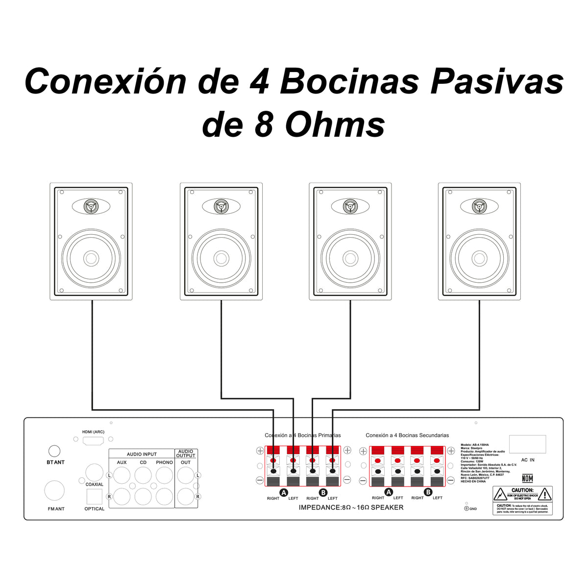 AB4150-WS65MK4 Kit Amplificador 600W Zona A/B Bluetooth USB DAC + 4 Bocinas Plafón 6.5" Tweeter Titanio Audio Ambiental Profesional Steelpro