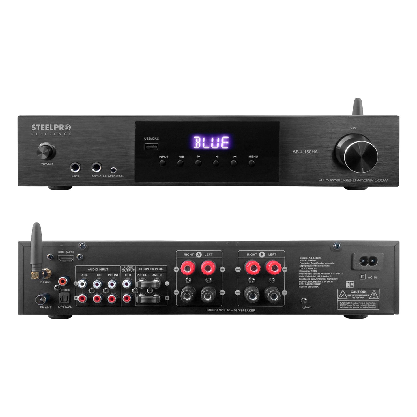 AB150-65X4-KW Kit Audio Ambiental Amplificador 8 Canales + 4 Bocinas 6.5" Blancas Bluetooth Clase D 100m Cable Steelpro