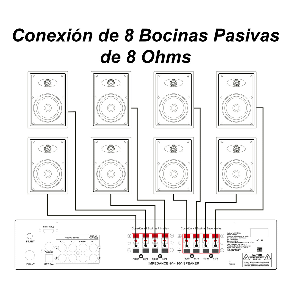 AB4150-WS65MK8 Kit Amplificador 600W Zona A/B Bluetooth USB DAC + 8 Bocinas Plafón 6.5" Tweeter Titanio Audio Ambiental Profesional Steelpro