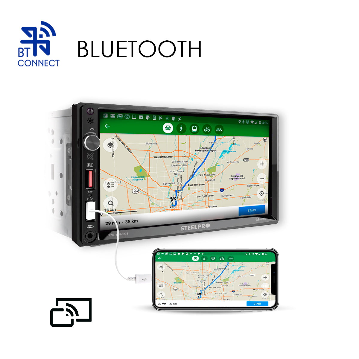 XZR-328-SUB Autoestéreo Pantalla Táctil 2 Din Mirror Link Bluetooth USB FM Steelpro