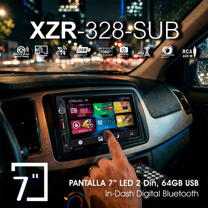 XZR-328SUB Autoestéreo 2 DIN Pantalla HD 7 Bluetooth Mirror Link Cámara De Reversa 12 RCA Salida Subwoofer USB Carga Rápida Chasis Largo Steelpro