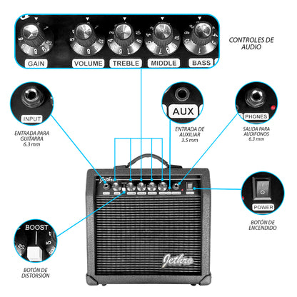 023-SK Kit Guitarra Eléctrica White Con Amplificador 20W y Accesorios Para Diestros Jethro By Steelpro