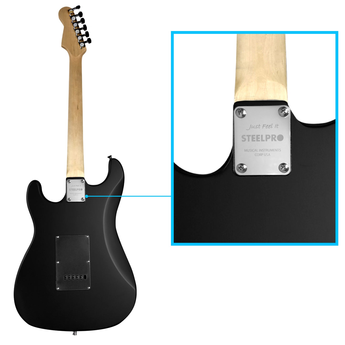 025-SK Kit Guitarra Eléctrica Black Satin Con Amplificador 20W y Accesorios Para Diestros Jethro By Steelpro
