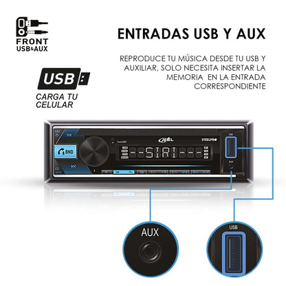Autoestéreo 1 Din para auto Steelpro AXEL-009 DESMONTABLE con USB y bluetooth Auxiliar de 3.5" Llamada por Voz /MP3/WMA