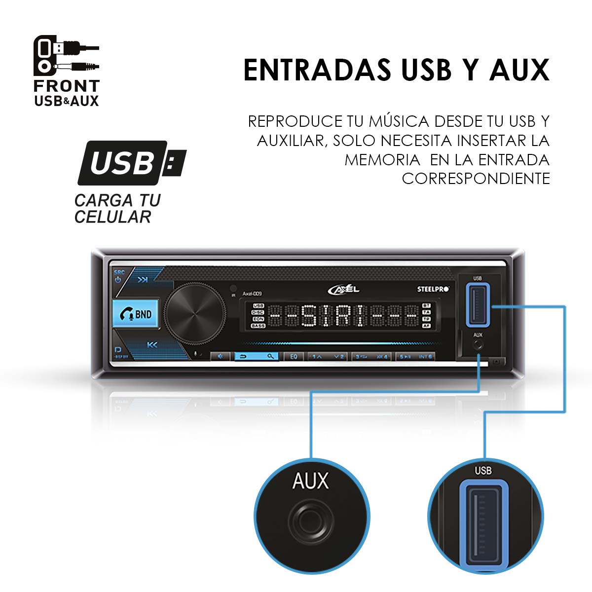 Autoestéreo 1 Din Axel AXEL-009 Bluetooth App 100W x4 USB RCA Subwoofer Carátula Desmontable