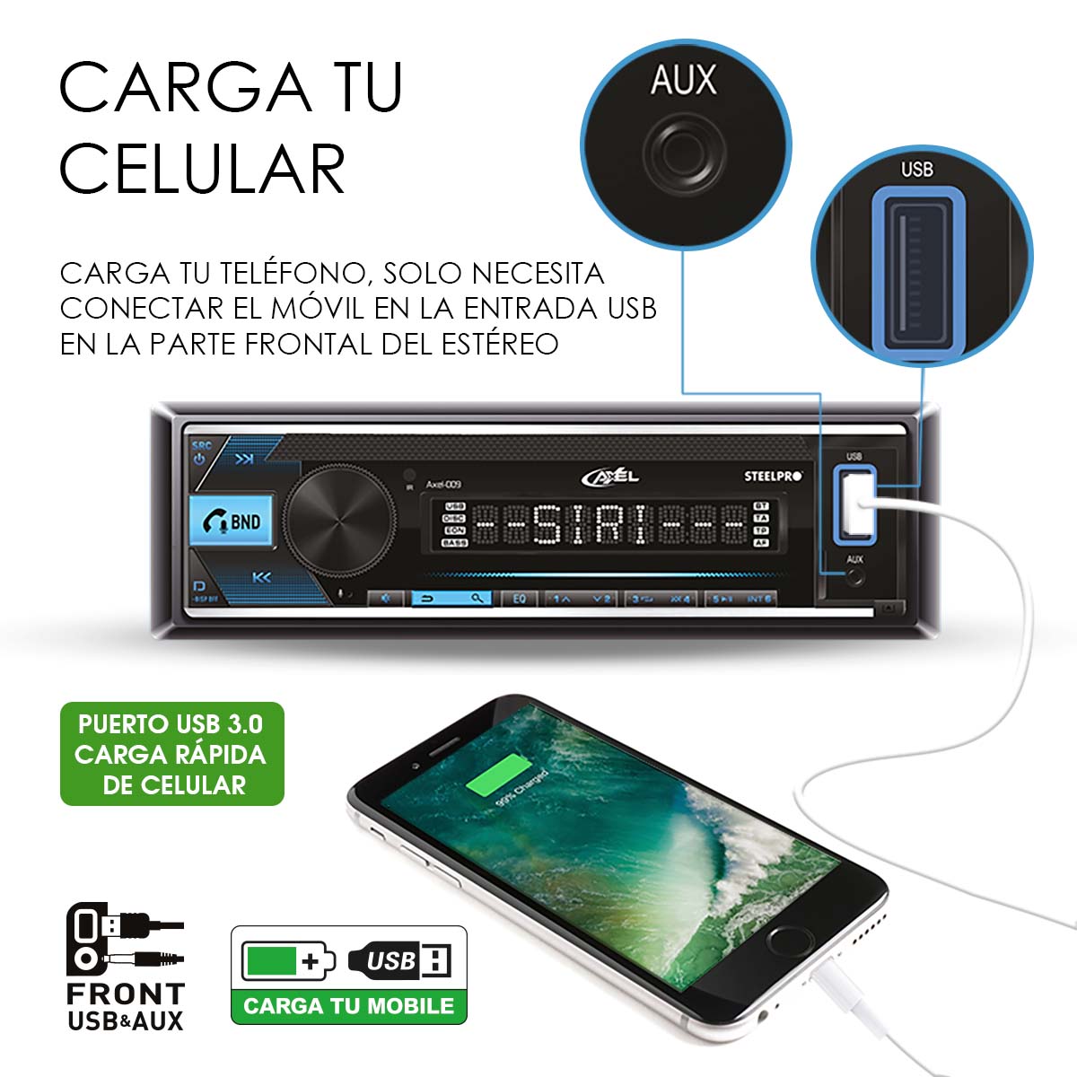 Autoestéreo 1 Din Axel AXEL-009 Bluetooth App 100W x4 USB RCA Subwoofer Carátula Desmontable