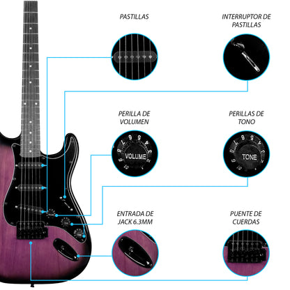 024-SK Kit Guitarra Eléctrica Purple Burst Con Amplificador 20W y Accesorios Para Diestros Jethro By Steelpro