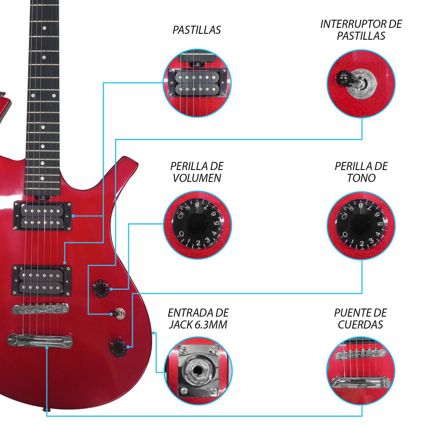 036-SK Kit Guitarra Eléctrica Candy Apple Red Con Amplificador 20W y Accesorios Para Diestros Jethro By Steelpro