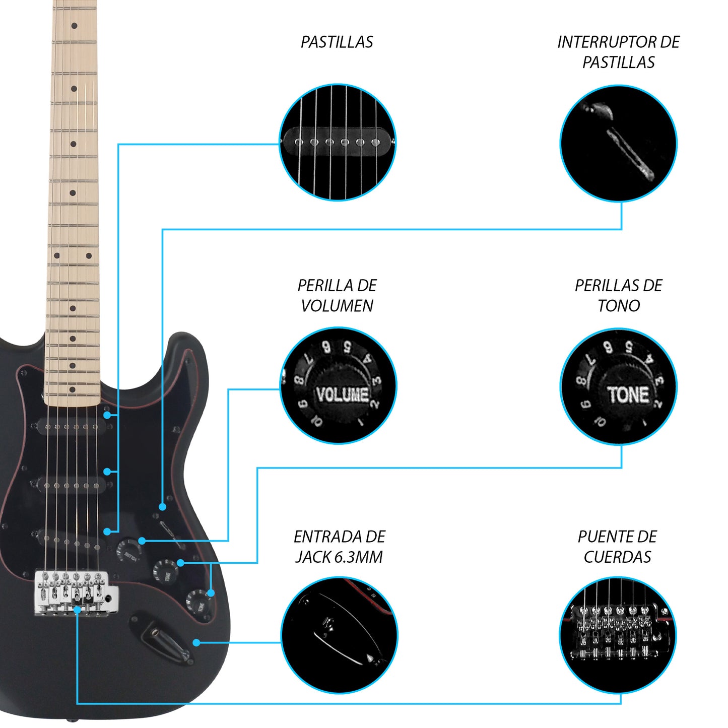 025-SK Kit Guitarra Eléctrica Black Satin Con Amplificador 20W y Accesorios Para Diestros Jethro By Steelpro