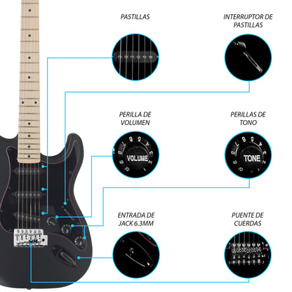 025-SK Kit Guitarra Eléctrica Black Satin Con Amplificador 20W y Accesorios Para Diestros Jethro By Steelpro