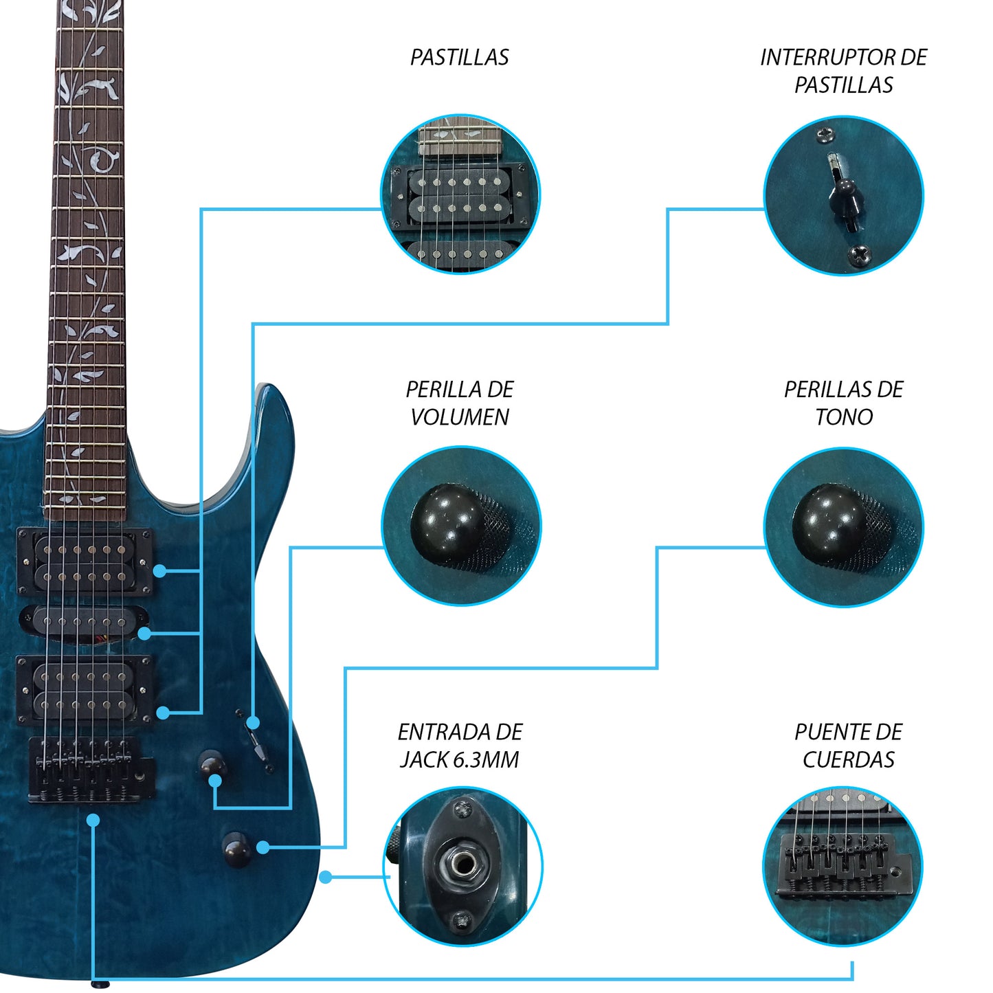 043-SK Kit Guitarra Eléctrica Quilted Blue Con Amplificador 20W y Accesorios Para Diestros Jethro By Steelpro