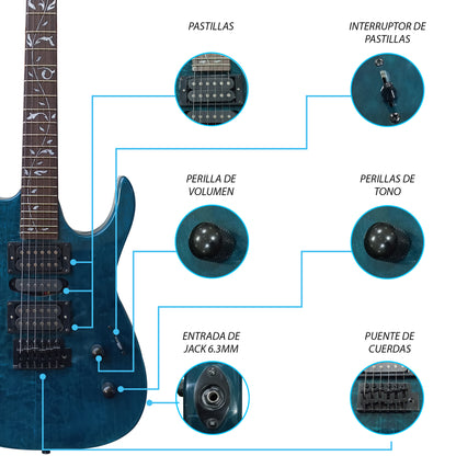 043-SK Kit Guitarra Eléctrica Quilted Blue Con Amplificador 20W y Accesorios Para Diestros Jethro By Steelpro