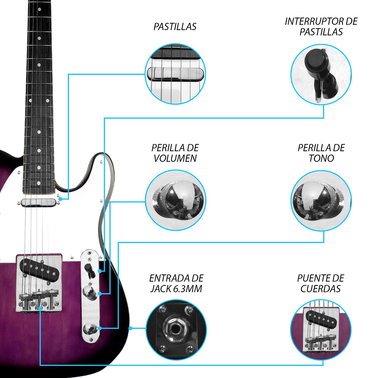 030-SK Kit Guitarra Eléctrica Purple Burst Con Amplificador 20W y Accesorios Para Diestros Jethro By Steelpro