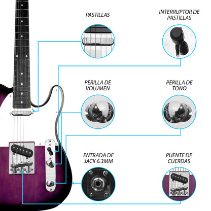 030-SK Kit Guitarra Eléctrica Purple Burst Con Amplificador 20W y Accesorios Para Diestros Jethro By Steelpro
