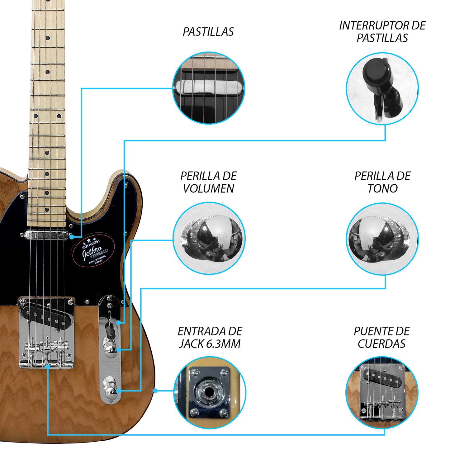 033-SK Kit Guitarra Eléctrica Ash Burl Top Con Amplificador 20W y Accesorios Para Diestros Jethro By Steelpro