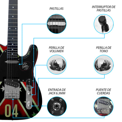 072-SK Kit Guitarra Eléctrica Confederate Flag Con Amplificador 20W y Accesorios Para Diestros Jethro By Steelpro
