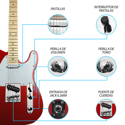 029-SK Kit Guitarra Eléctrica Candy Apple Red Con Amplificador 20W y Accesorios Para Diestros Jethro By Steelpro