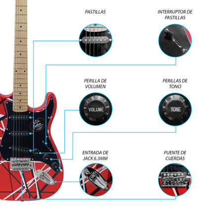 075-SK Kit Guitarra Eléctrica Red/White Strip Con Amplificador 20W y Accesorios Para Diestros Jethro By Steelpro