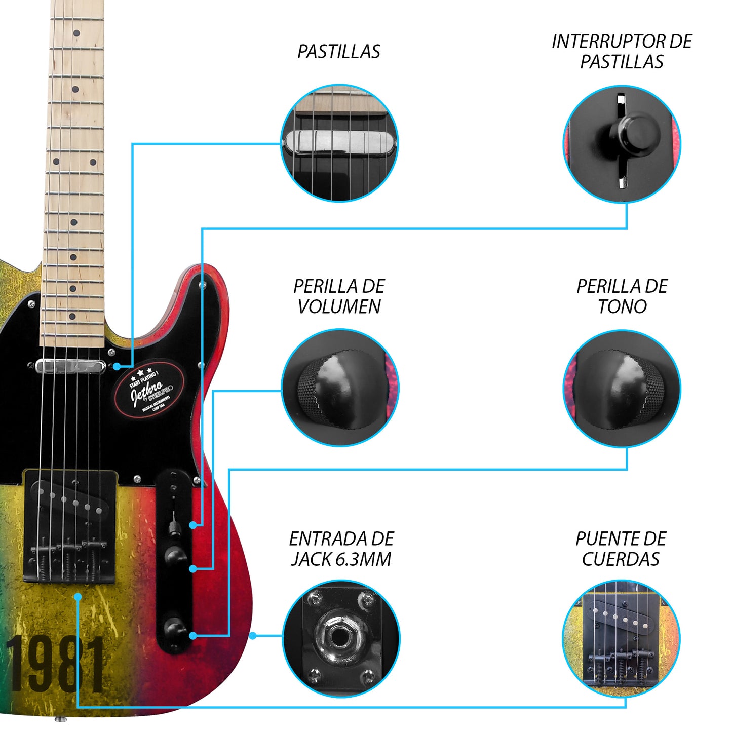 074-SK Kit Guitarra Eléctrica Green Yellow Red Con Amplificador 20W y Accesorios Para Diestros Jethro By Steelpro