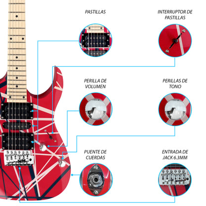 047-SK Kit Guitarra Eléctrica Red/White Strip Con Amplificador 20W y Accesorios Para Diestros Jethro By Steelpro