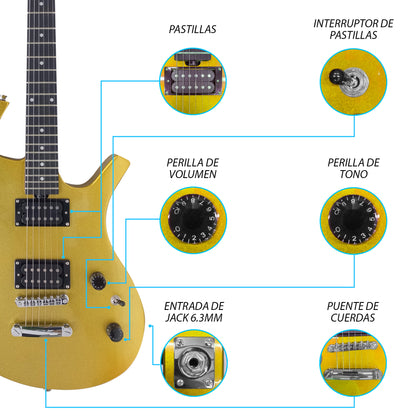 037-SK Kit Guitarra Eléctrica Gold Con Amplificador 20W y Accesorios Para Diestros Jethro By Steelpro