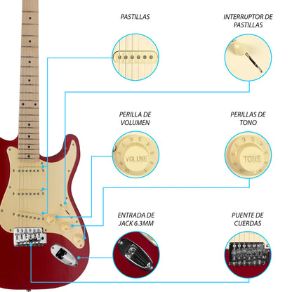 046-SK Kit Guitarra Eléctrica Fiesta Red Con Amplificador 20W y Accesorios Para Diestros Jethro By Steelpro