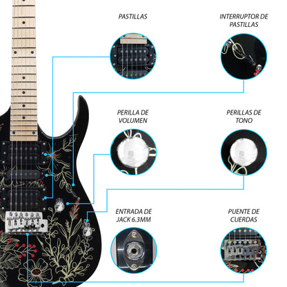 070-SK Kit Guitarra Eléctrica Flowers Con Amplificador 20W y Accesorios Para Diestros Jethro By Steelpro