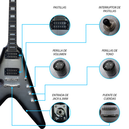 056-SK Kit Guitarra Eléctrica Silver Burst Con Amplificador 20W y Accesorios Para Diestros Jethro By Steelpro
