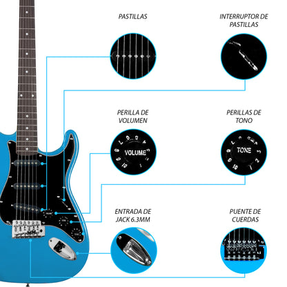 031-SK Kit Guitarra Eléctrica Daphne Blue Con Amplificador 20W y Accesorios Para Diestros Jethro By Steelpro