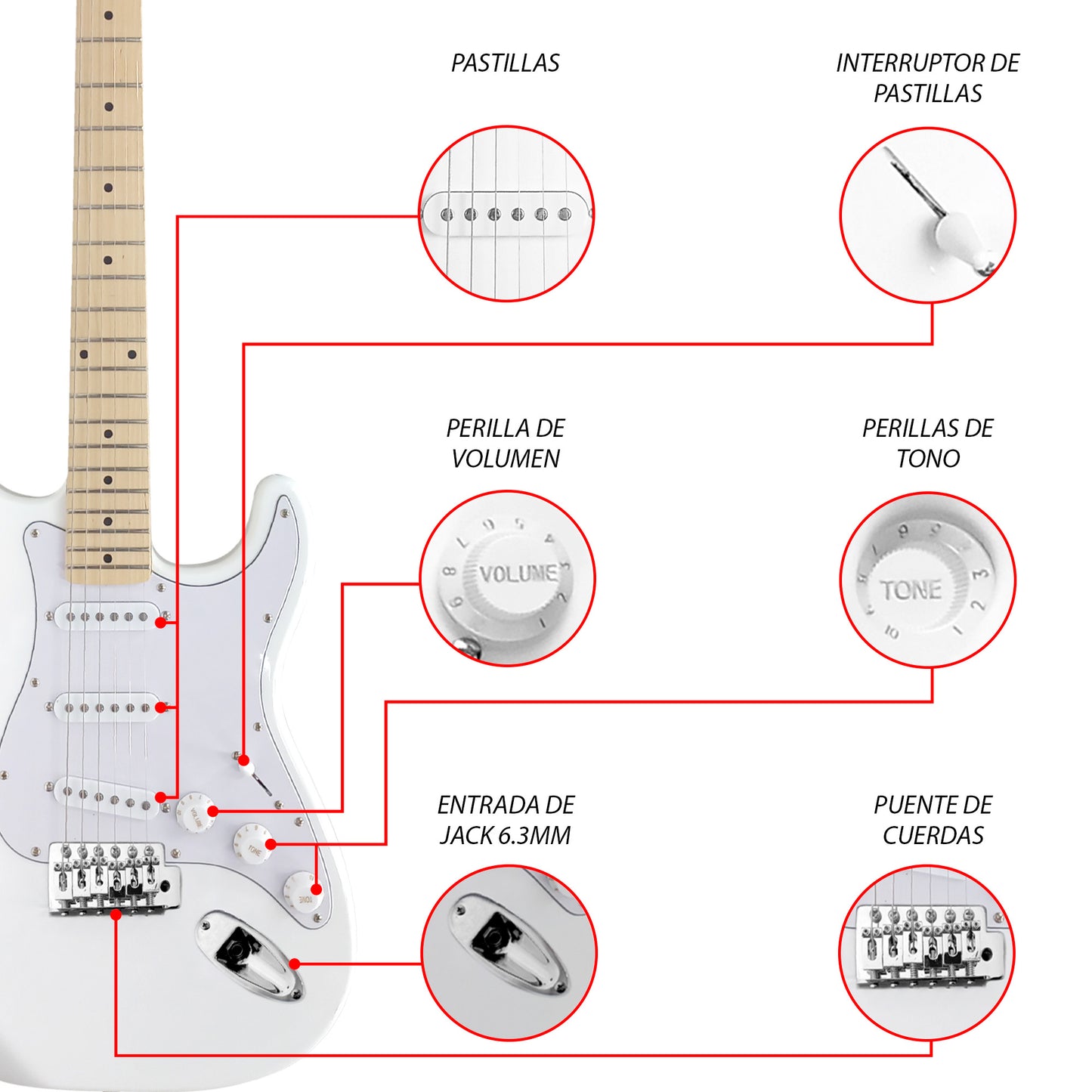 049-SK Kit Guitarra Eléctrica White Con Amplificador 20W y Accesorios Para Diestros Jethro By Steelpro