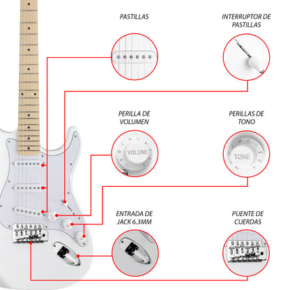049-SK Kit Guitarra Eléctrica White Con Amplificador 20W y Accesorios Para Diestros Jethro By Steelpro