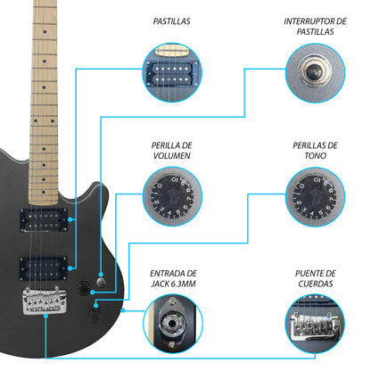 062-SK Kit Guitarra Eléctrica Black Satin Silver Powder Con Amplificador 20W y Accesorios Para Diestros Jethro By Steelpro