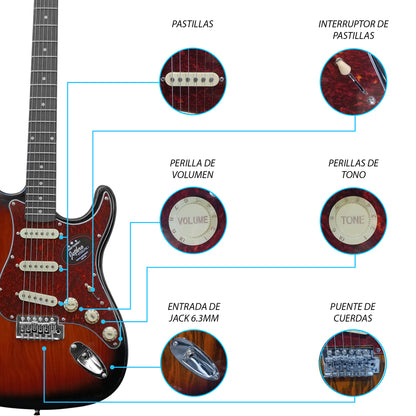 021-SK Kit Guitarra Eléctrica Ash Burl 3 Tone Sunburst Con Amplificador 20W y Accesorios Para Diestros Jethro By Steelpro