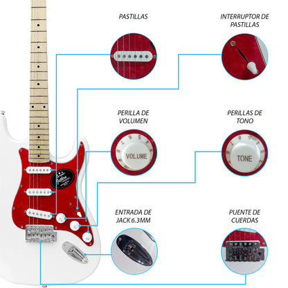 028-SK Kit Guitarra Eléctrica White Con Amplificador 20W y Accesorios Para Diestros Jethro By Steelpro