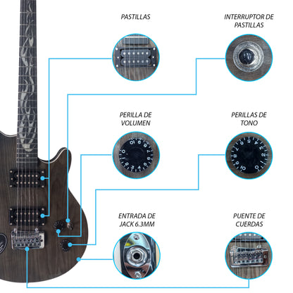 054-SK Kit Guitarra Eléctrica Black Veneer Con Amplificador 20W y Accesorios Para Diestros Jethro By Steelpro (Copia)