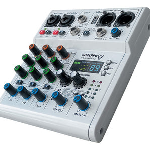 Mezcladora 4 Canales Dsp 99 Efectos Pro Bluetooth /usb Analogica Color Blanco Voz De Diablo Y Voz De Ardilla Steelpro