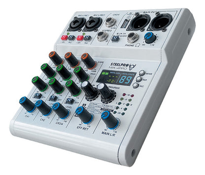 Mezcladora 4 Canales Dsp 99 Efectos Pro Bluetooth /usb Analogica Color Blanco Voz De Diablo Y Voz De Ardilla Steelpro