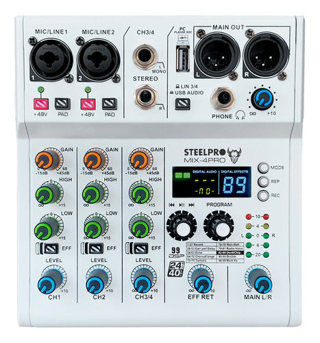 Mezcladora 4 Canales Dsp 99 Efectos Pro Bluetooth /usb Analogica Color Blanco Voz De Diablo Y Voz De Ardilla Steelpro