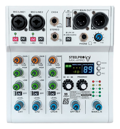 Mezcladora 4 Canales Dsp 99 Efectos Pro Bluetooth /usb Analogica Color Blanco Voz De Diablo Y Voz De Ardilla Steelpro