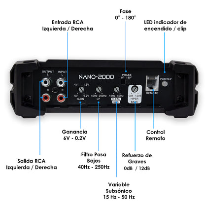 Amplificador Nano 2000 Clase D Steelpro para Subwoofer Monoblock Bass 2000W MAX 1 Ohm estable Alto Rendimiento Open Show, LPF, Bass Boost 12 dB,Filtro Subsonico, Fase Variable, Control de Bajos