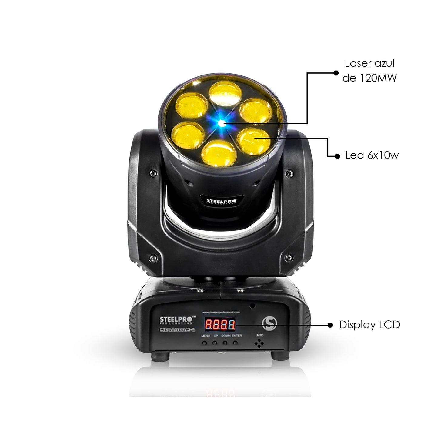 MEGABEAM-B Cabeza Móvil LED RGBW 4 en 1 con Láser Azul 6 LED 10W DMX 15 Canales Automático Audiorítmico Maestro Esclavo Beam Profesional para DJ Eventos Steelpro