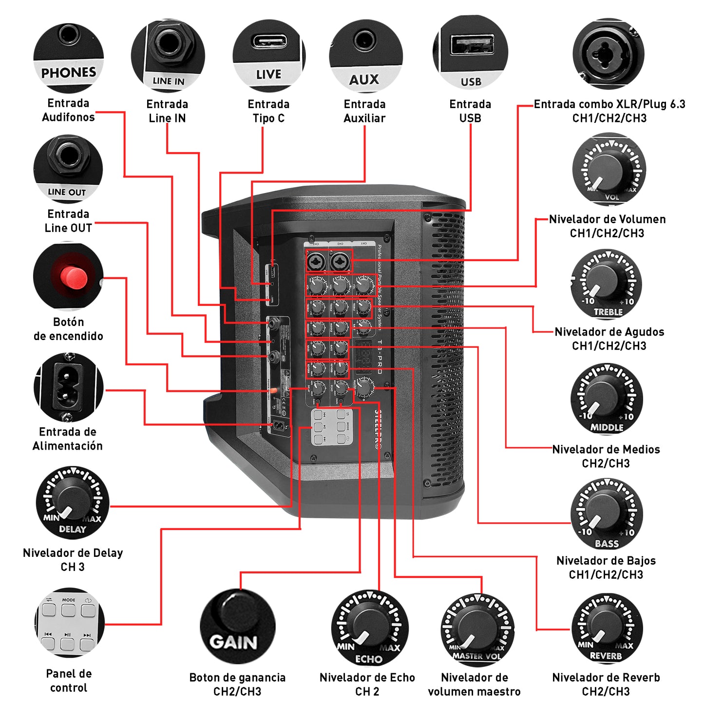 Bafle Amplificado Bluetooth Recargable 8puLG Steelpro T3-PRO