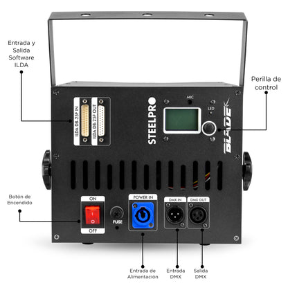 Láser Profesional Steelpro Blade-3W RGB 3000mW - 18 Canales DMX, Figuras 2D y Efecto Multipuntos - Sistema de Iluminación para DJ y Discoteca con Modos DMX, Automático, Audiorítmico y Maestro/Esclavo