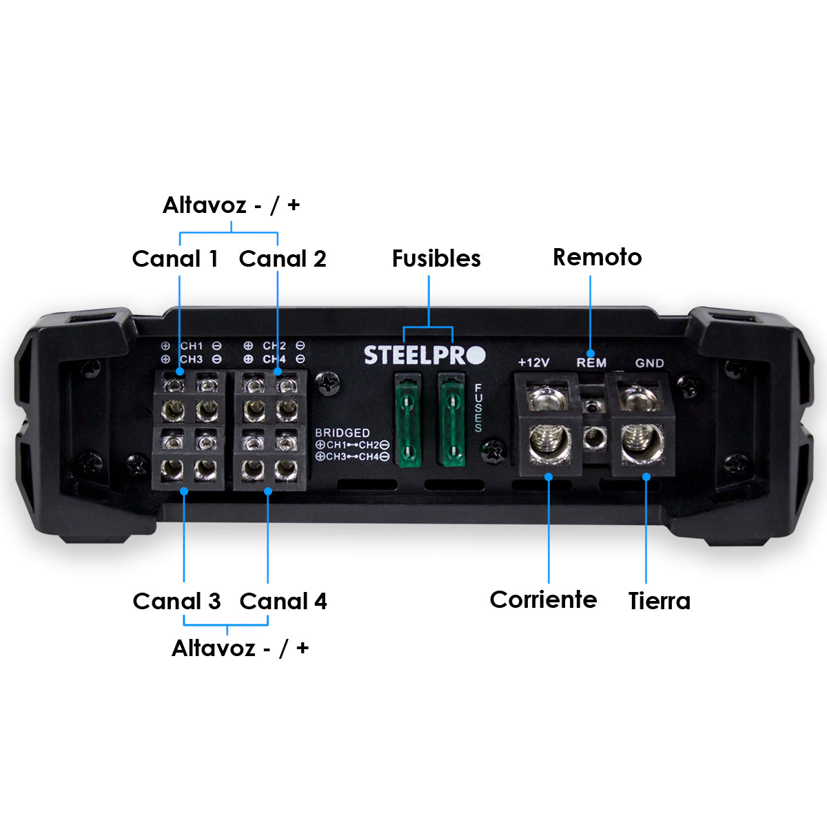 Amplificador Nano 4.1000 4 Canales Steelpro , para Bocinas/Medios Rangos , Full Range 4/2 Ohms Estable, Alto Rendimiento Open SHOW Crossover HPF/LPF/ FULL, Modo Bridge para bajos / Bass Boost 6dB