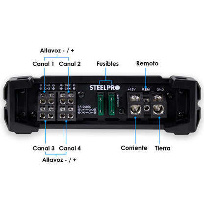 Amplificador Nano 4.1000 4 Canales Steelpro , para Bocinas/Medios Rangos , Full Range 4/2 Ohms Estable, Alto Rendimiento Open SHOW Crossover HPF/LPF/ FULL, Modo Bridge para bajos / Bass Boost 6dB