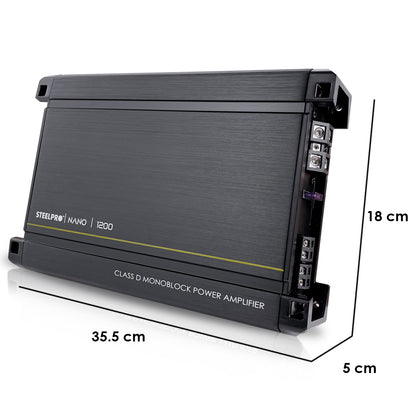 Amplificador  Nano 1200  Steelpro para Subwoofer  Monoblock Bass 1200W MAX 2  Ohm estable Alto Rendimiento Open Show, Crossover LPF/FULL, Bass Boost 12 dB, Fase Variable, Control de Bajos