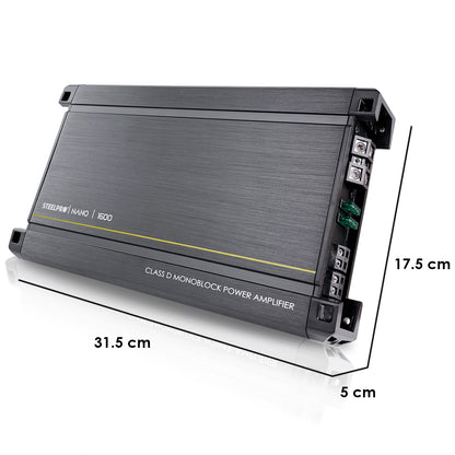 Amplificador Nano 1600 Steelpro para Subwoofer Monoblock Bass 1600W MAX 2 Ohm estable Alto Rendimiento Open Show, Crossover LPF/FULL, Bass Boost 12 dB, Fase Variable, Control de Bajos